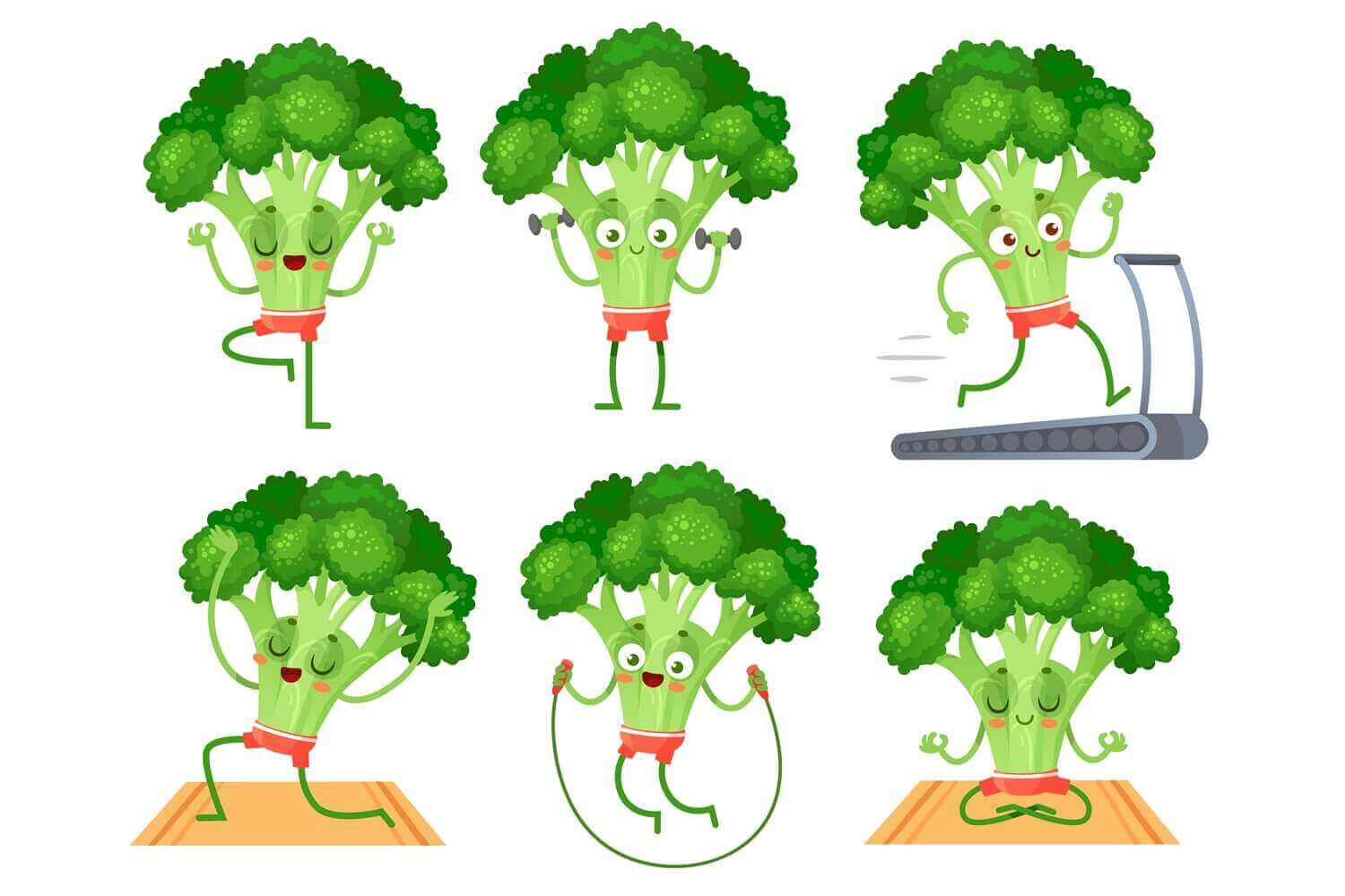 Cartoon broccoli shows exercise.