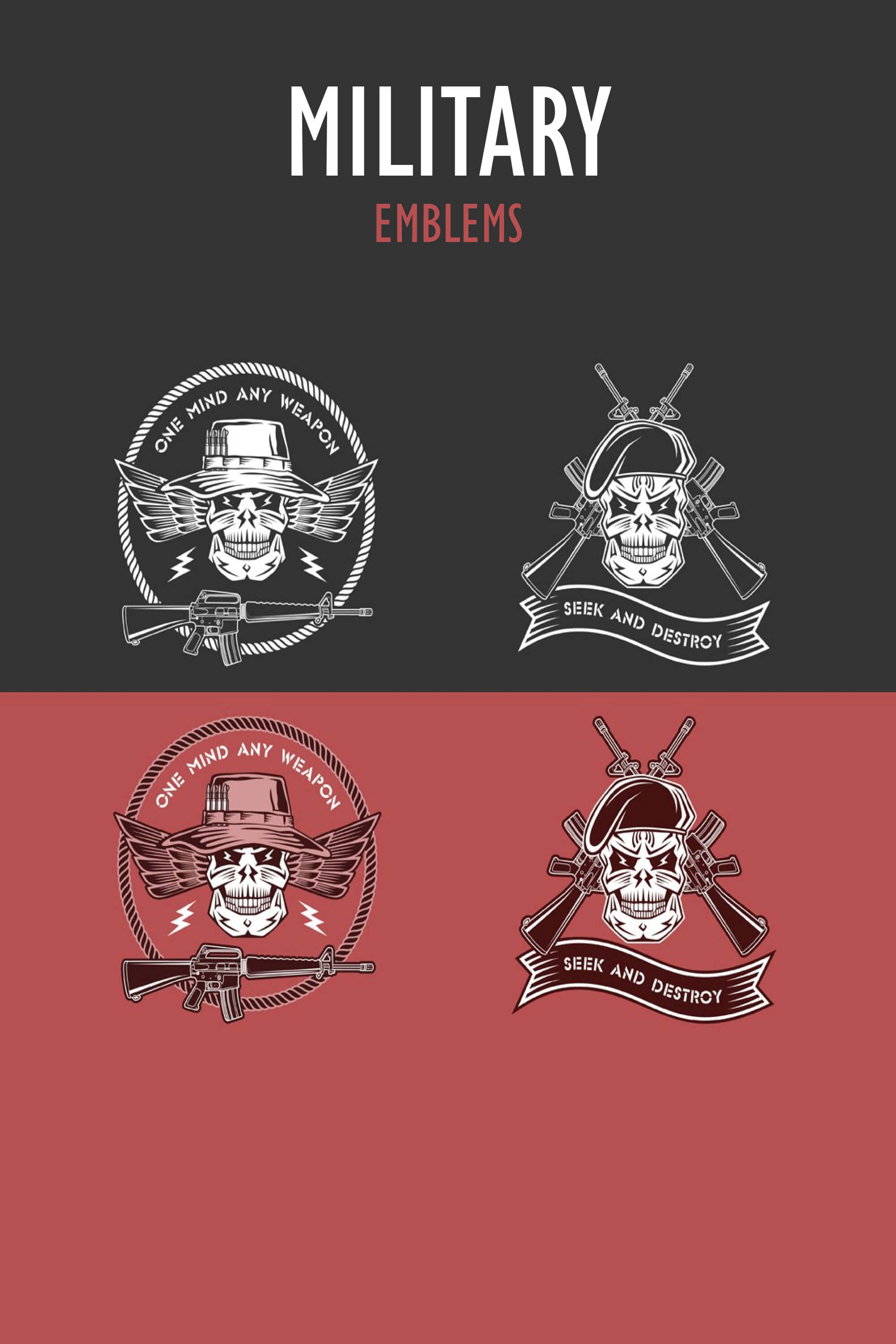 Black and red background with four military emblems.