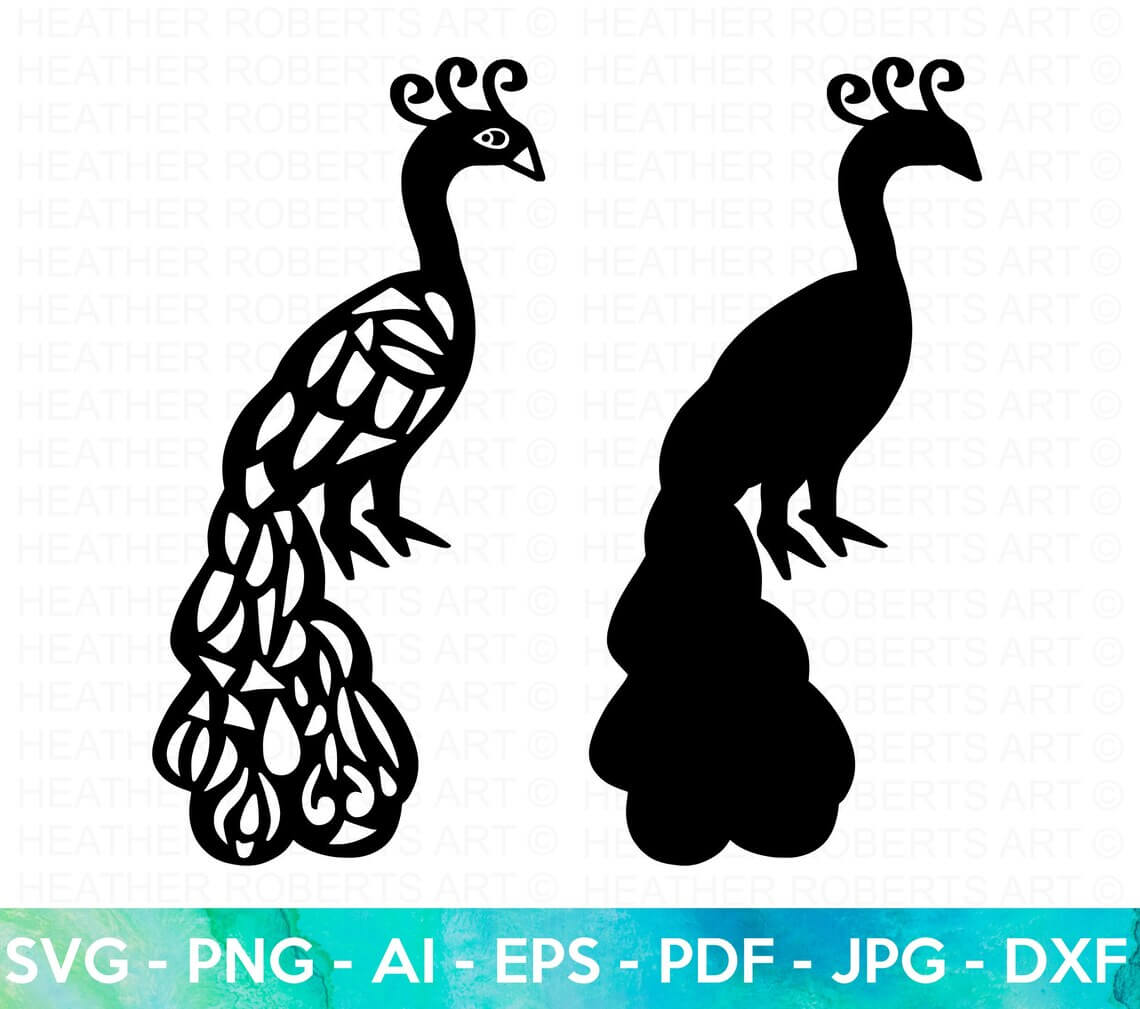 Black and white silhouette of two peacocks.