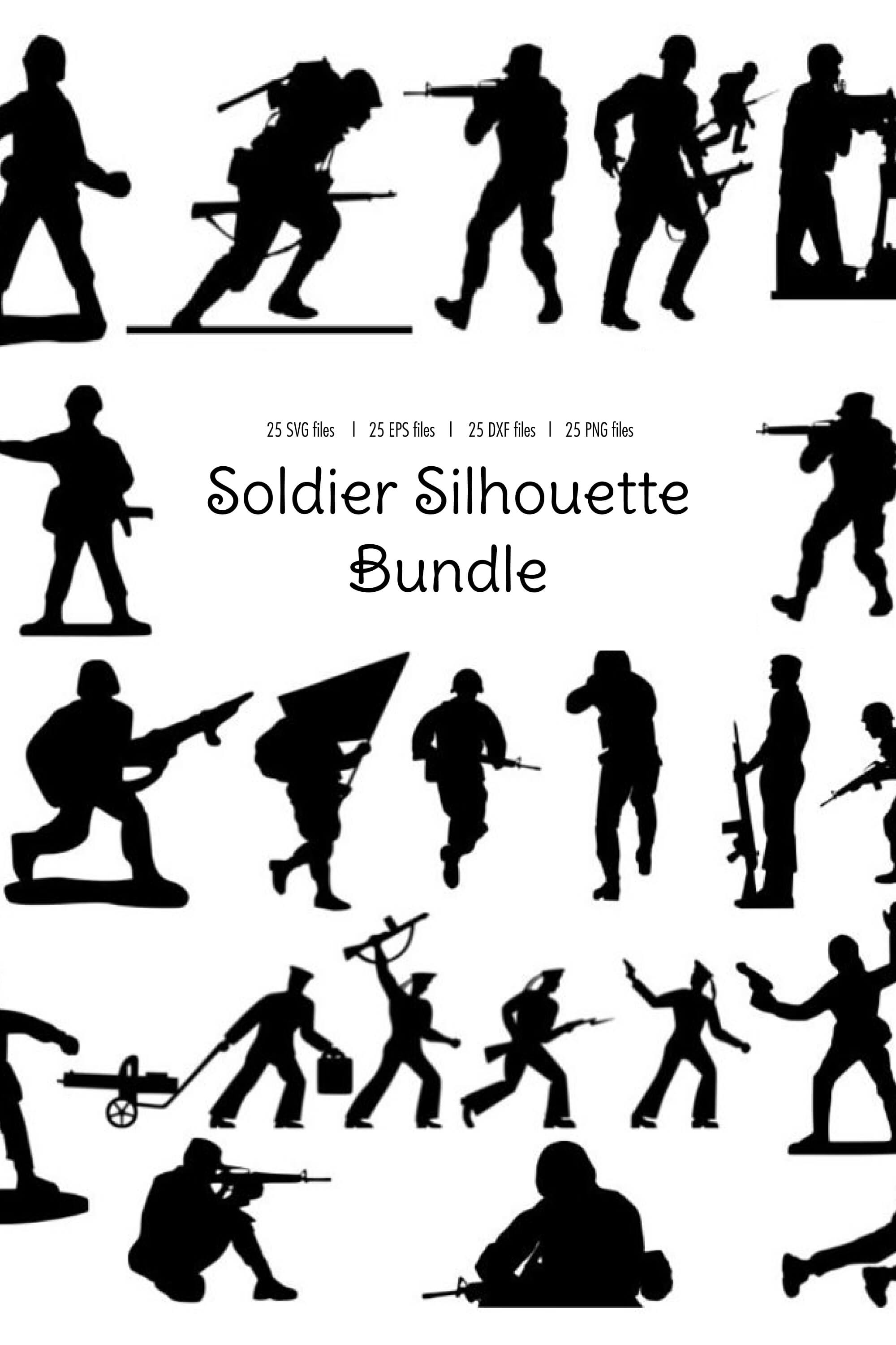 Silhouettes of soldiers with flags, muskets, machine guns and cannons.