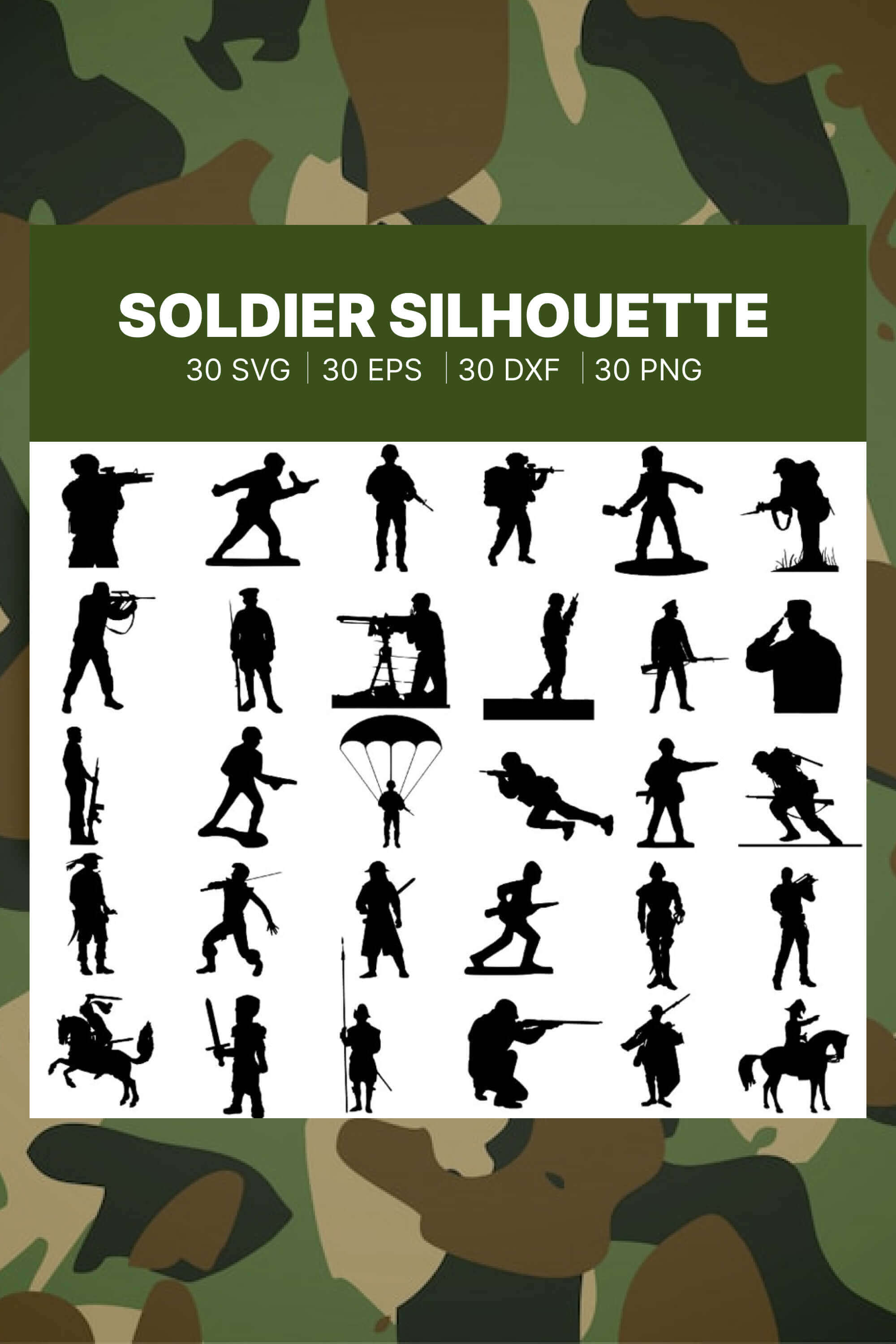 Silhouettes of soldiers with a parachute, weapons and means of transportation.