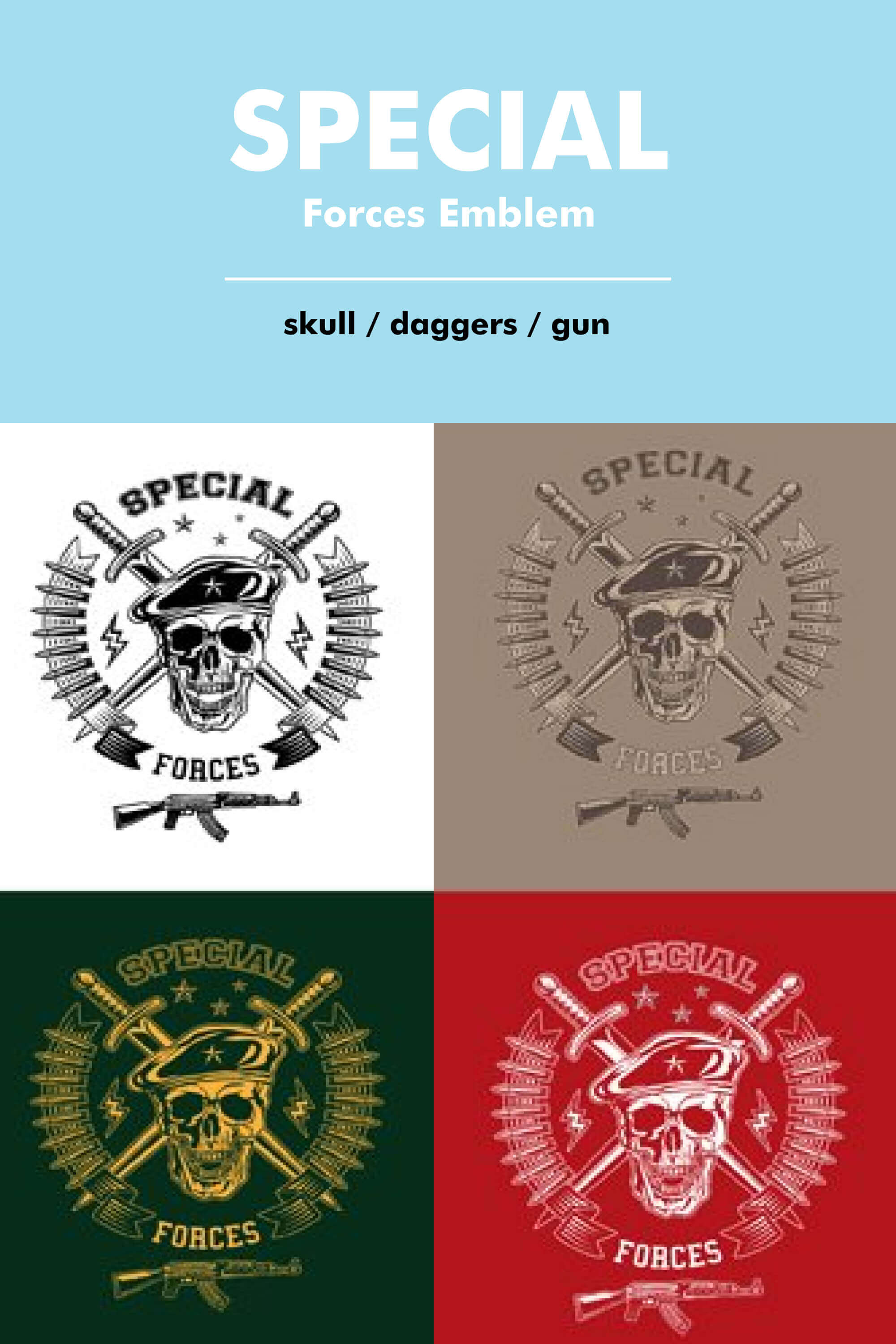 Skull, daggers, gun of special forces emblem.