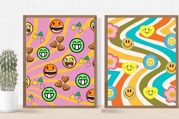 Near the cactus are two paintings with the image of emoticons of different shapes.