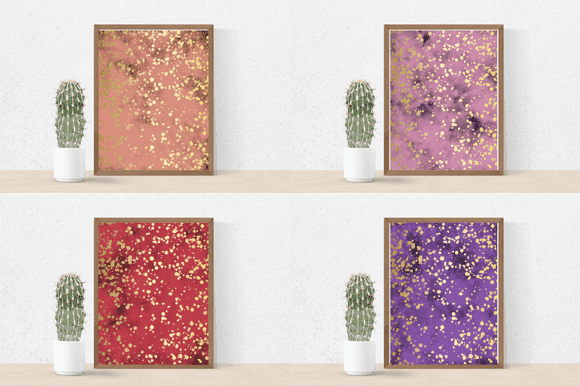 Four paintings in watercolor and ink and splashes of gold.