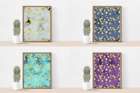 Four paintings in cold shades with yellow dots.