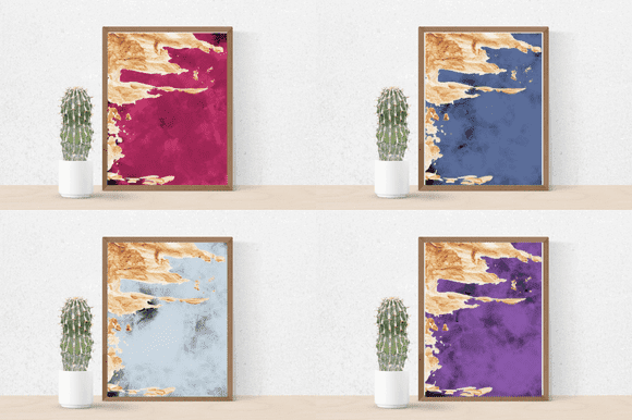 Four paintings with a rich watercolor background with beige layering.