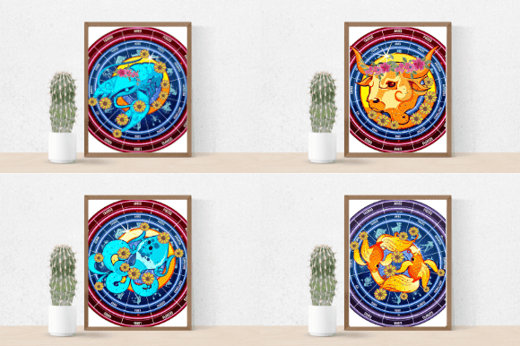 Two paintings of zodiac signs in cold tones and two paintings in warm shades.