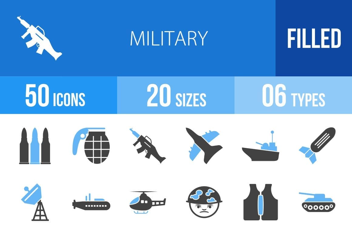 50 icons of military equipment in two colors.