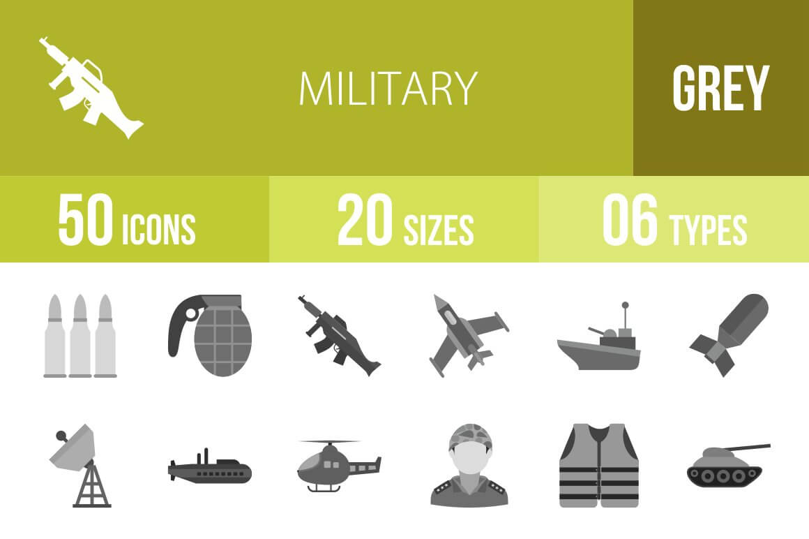 50 military grey icons on the green background.