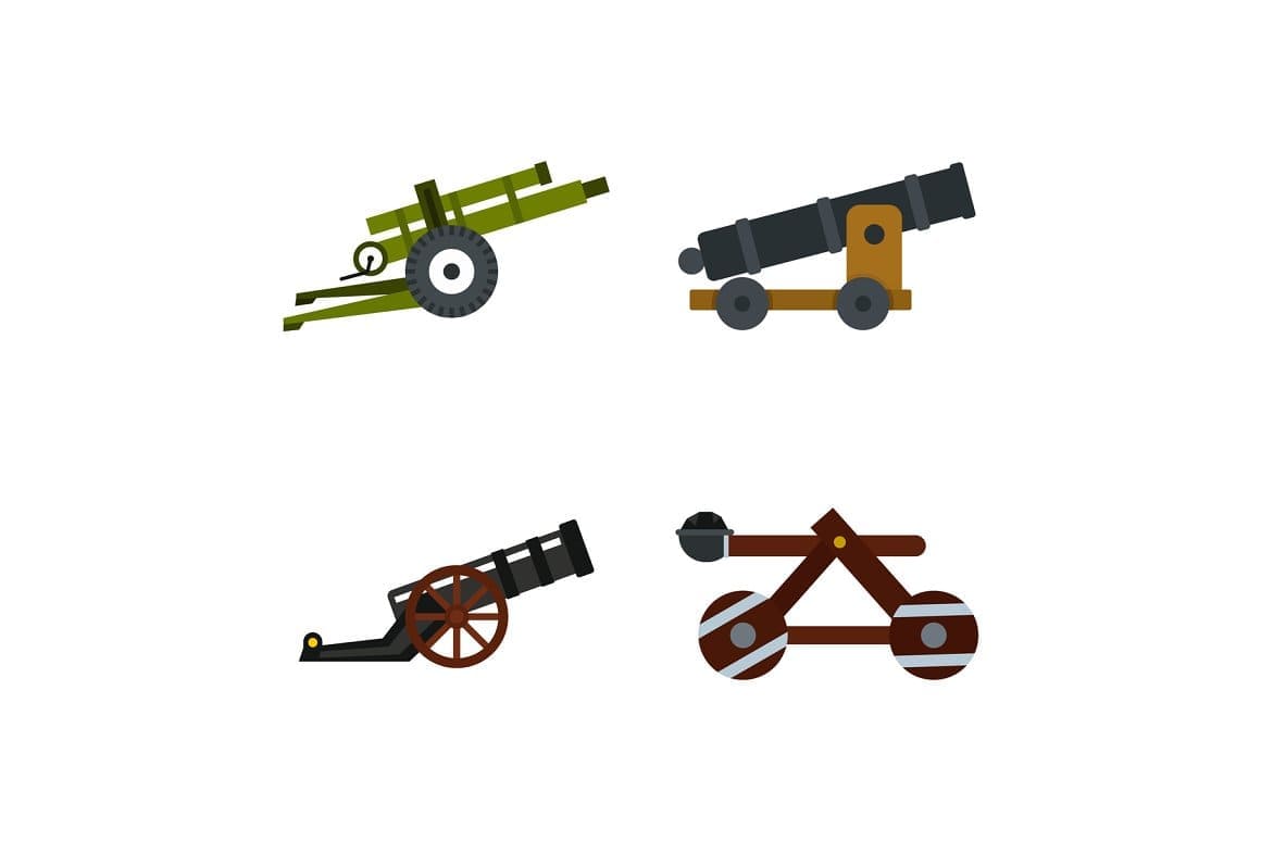 Image of cannons with large and small wheels with different projectiles.