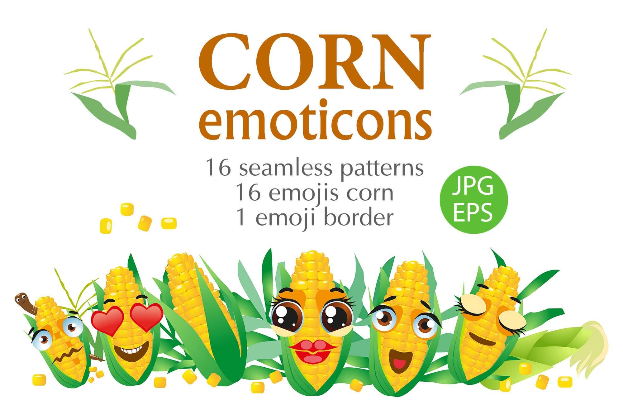 16 seamless patterns of corn emoticons.