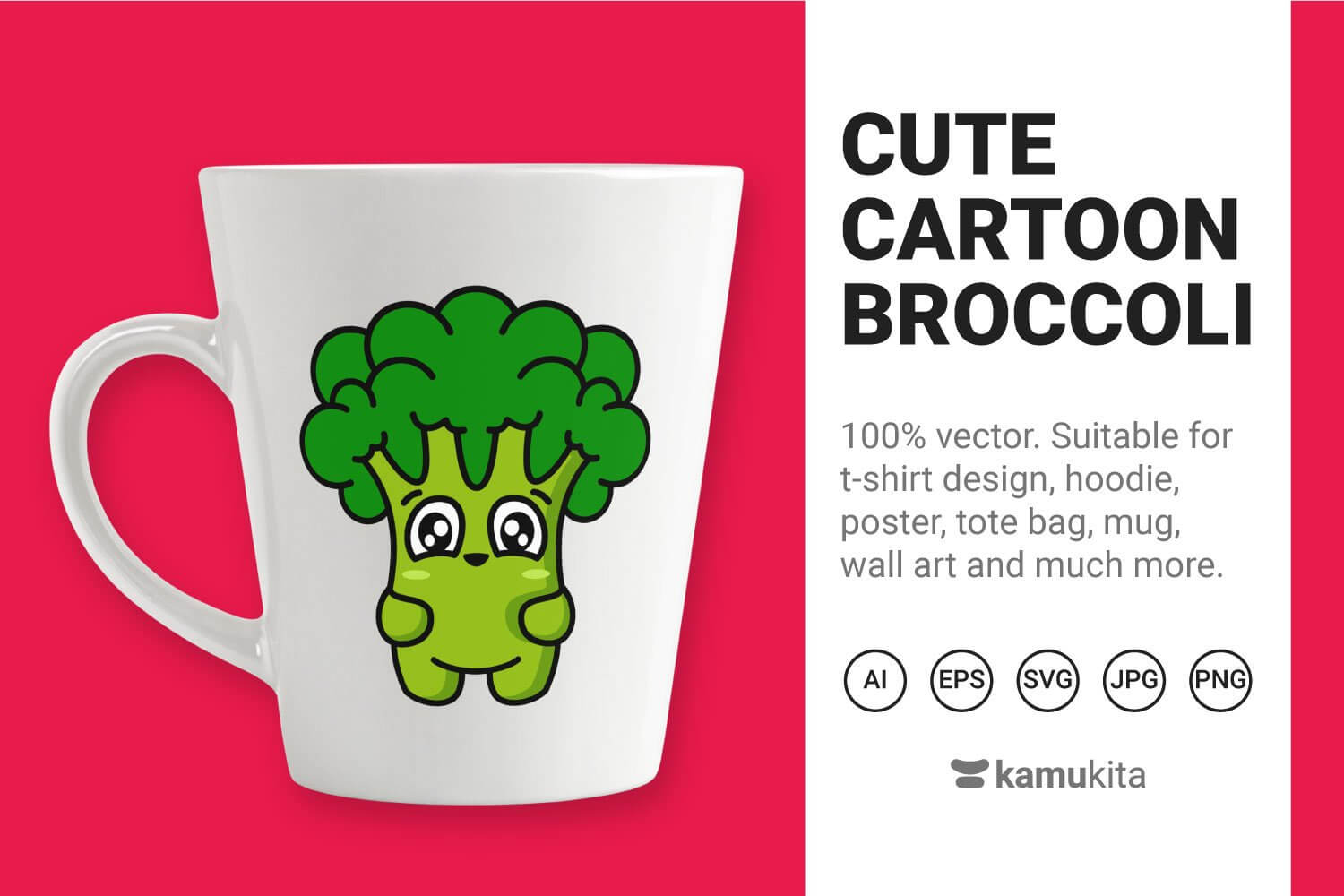 On a pink background is a white cup with a picture of green cute broccoli.
