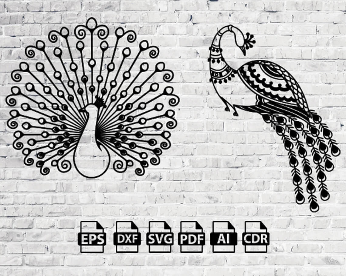 Black and white picture of a peacock on a brick wall.