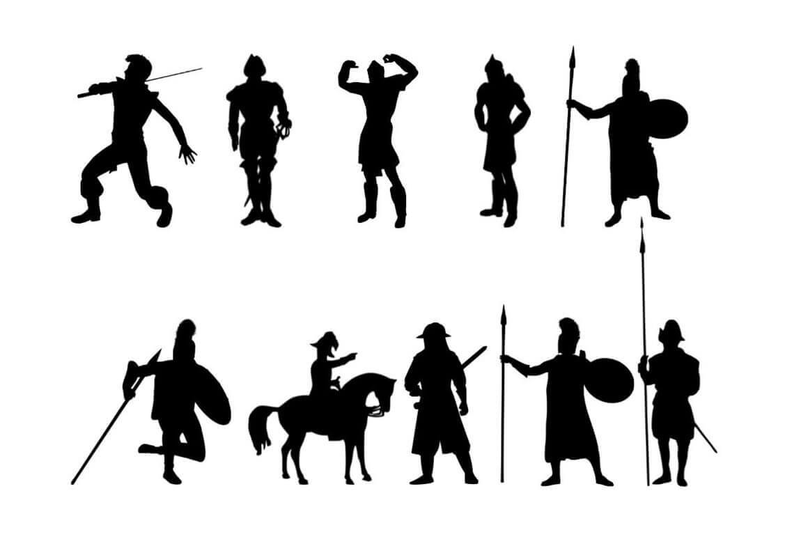 Silhouettes of soldiers on and without a horse.