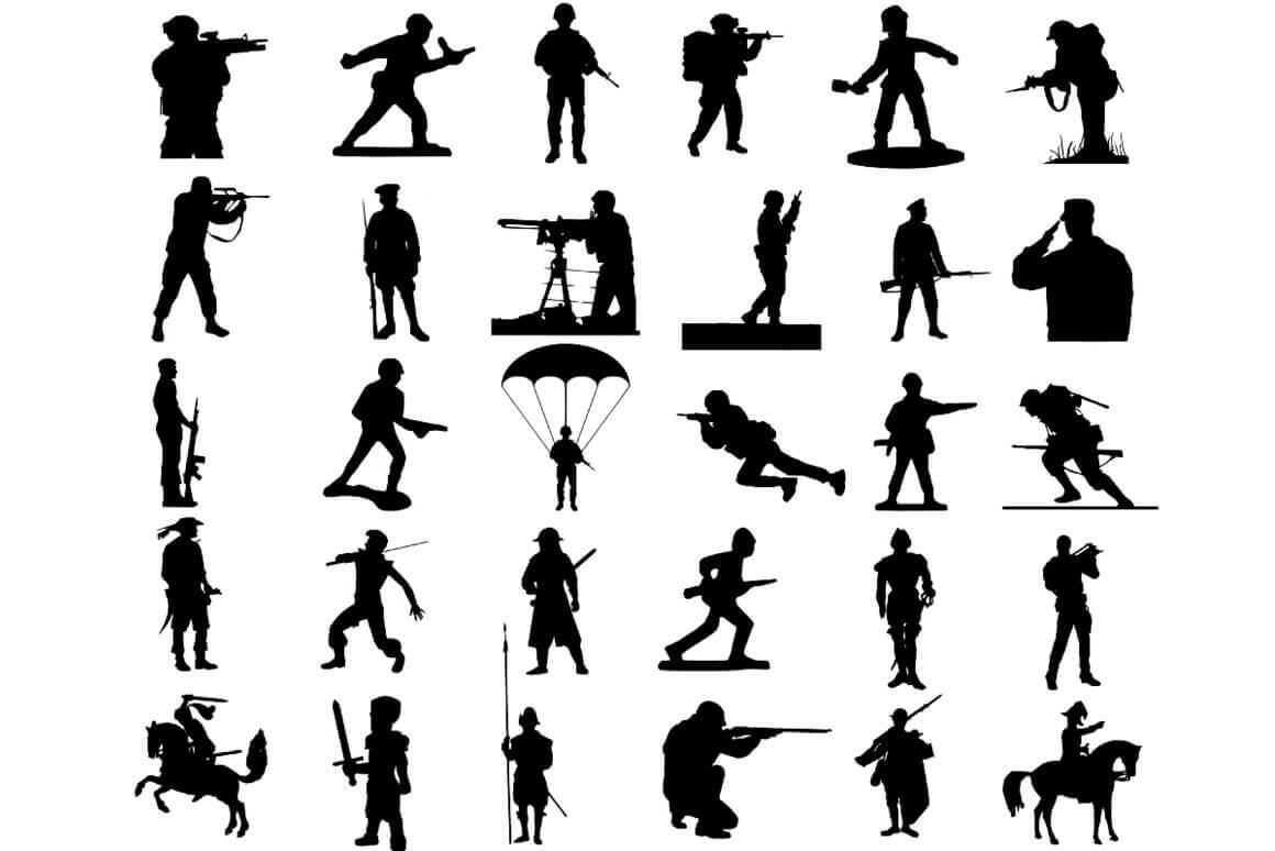 Silhouettes of soldiers who are ready for battle.