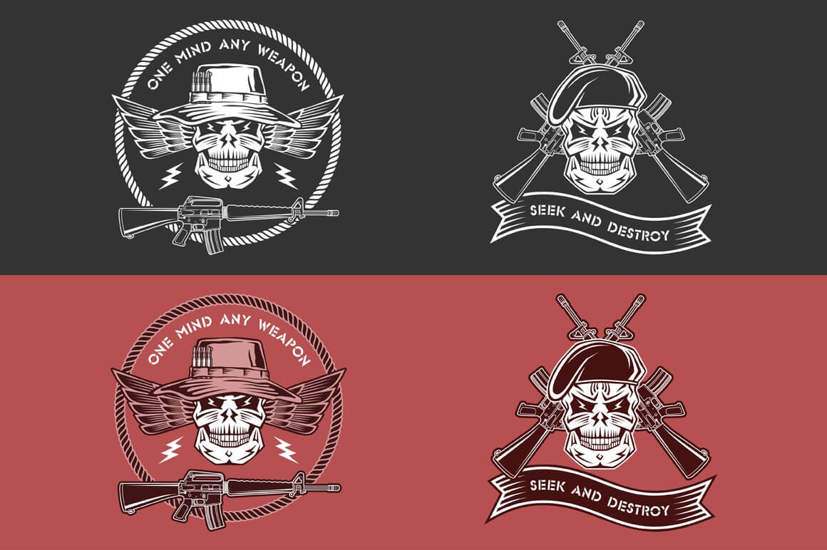 Four military emblems with angry facial expressions.
