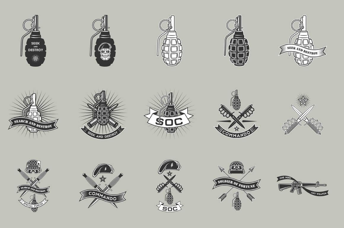 Knives, grenades, bullets are drawn on a gray background.