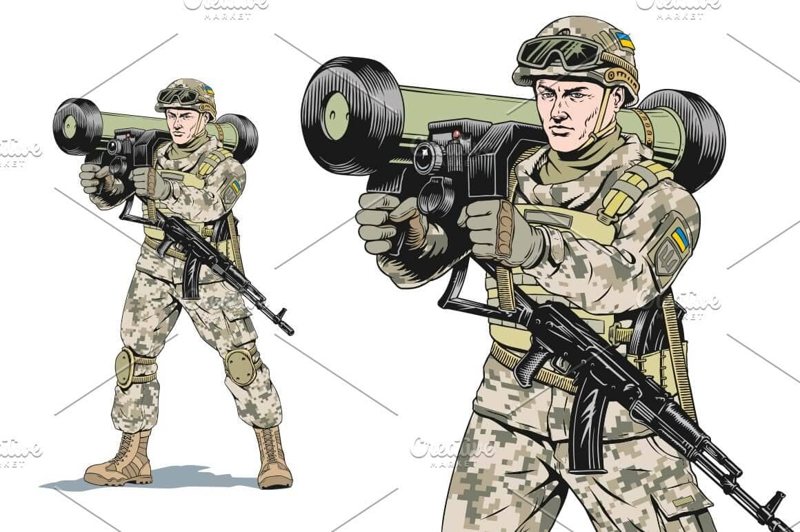 The Ukrainian anti-tank gun operator is depicted on a transparent background.