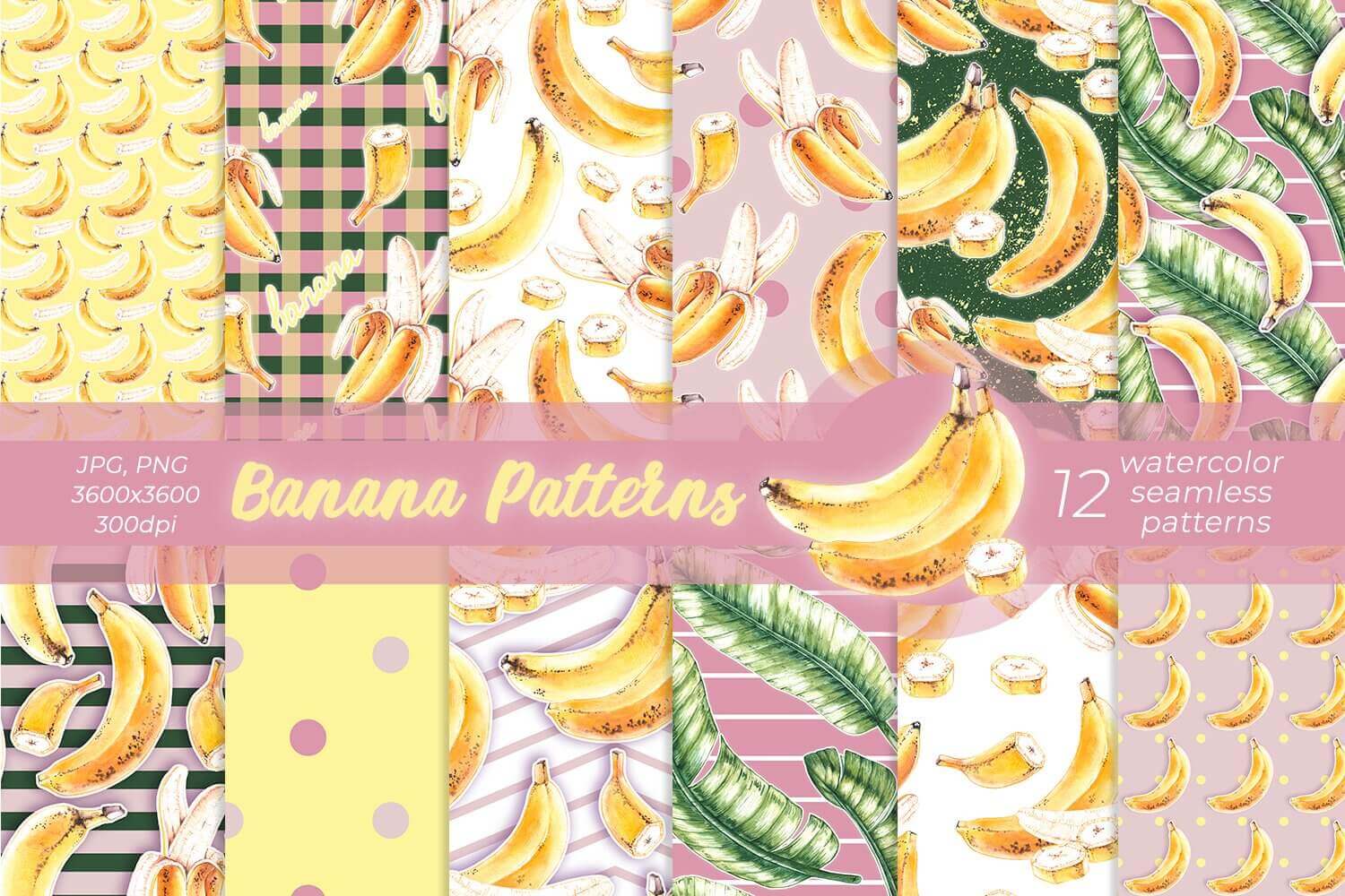 12 watercolor patterns with the image of yellow bananas.