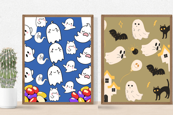 Two paintings depicting a Halloween themed background.