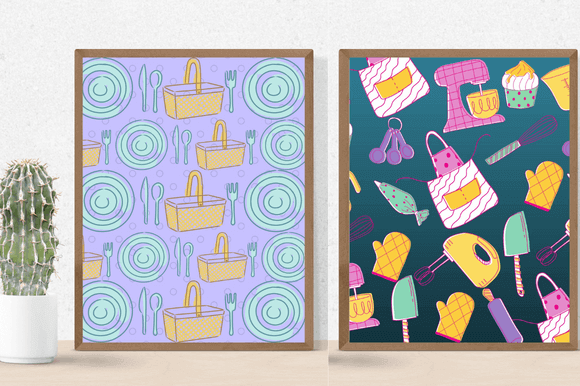 Two paintings with light purple and dark blue backgrounds depicting kitchen appliances.