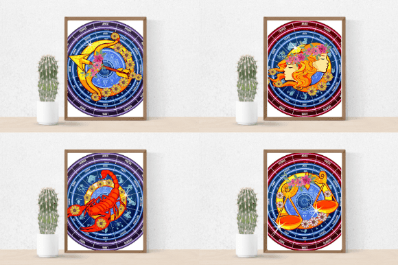 Two paintings with the image of Cancer and Sagittarius zodiac signs and two paintings with other signs.