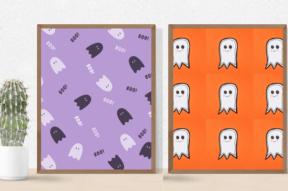 Two paintings with purple and orange backgrounds on which ghosts are drawn.