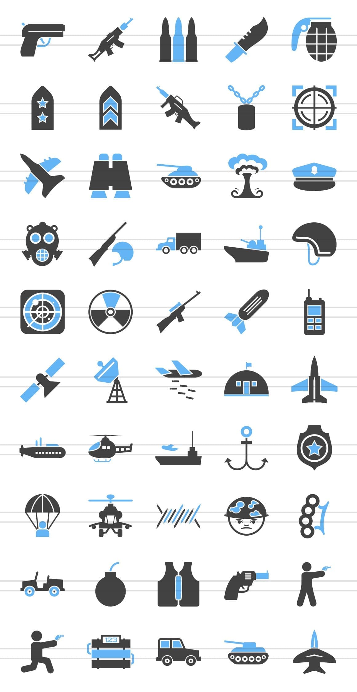 Explosions, rockets, boats in blue and black on a white background.