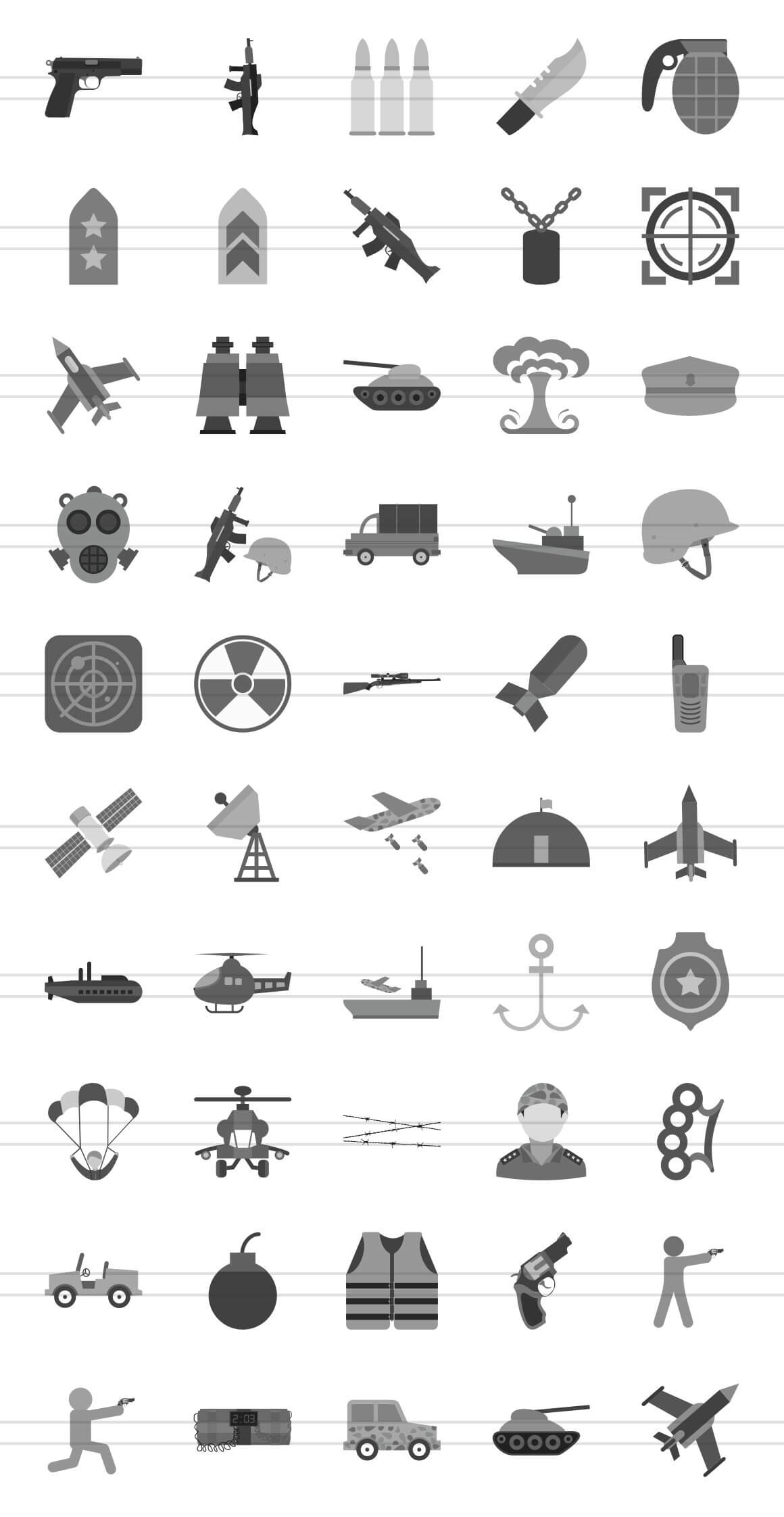 Gray icons with the image of military equipment units.