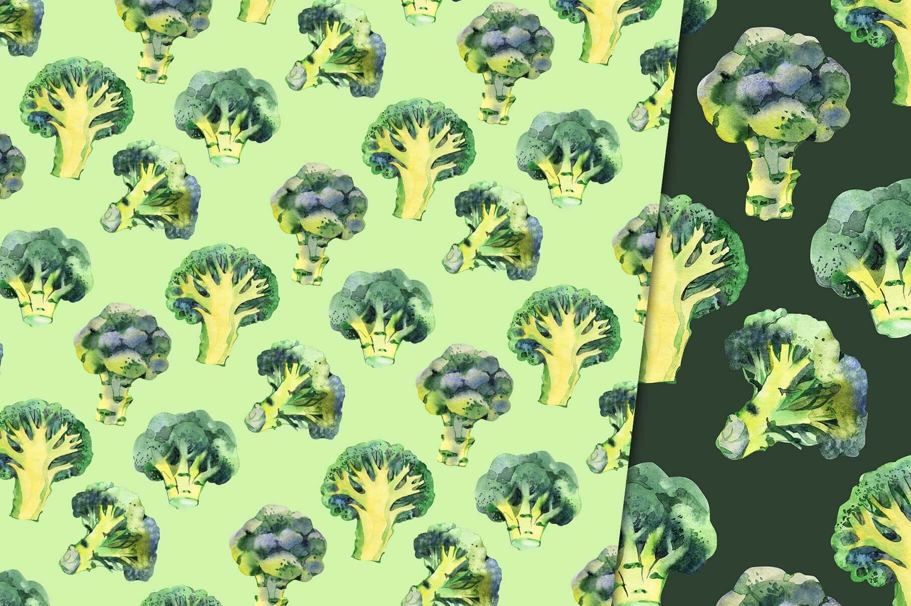 Two samples of broccoli print on light green and dark green backgrounds.