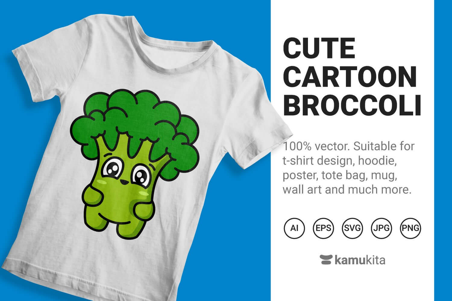 On a bright blue background is a white t-shirt with a pattern of green cute broccoli.