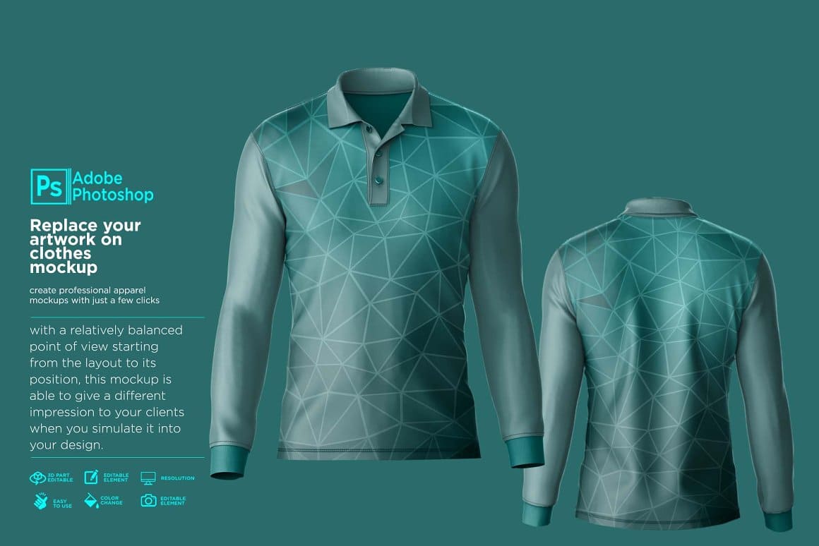 Green polo shirt with a geometric design on the front and back.