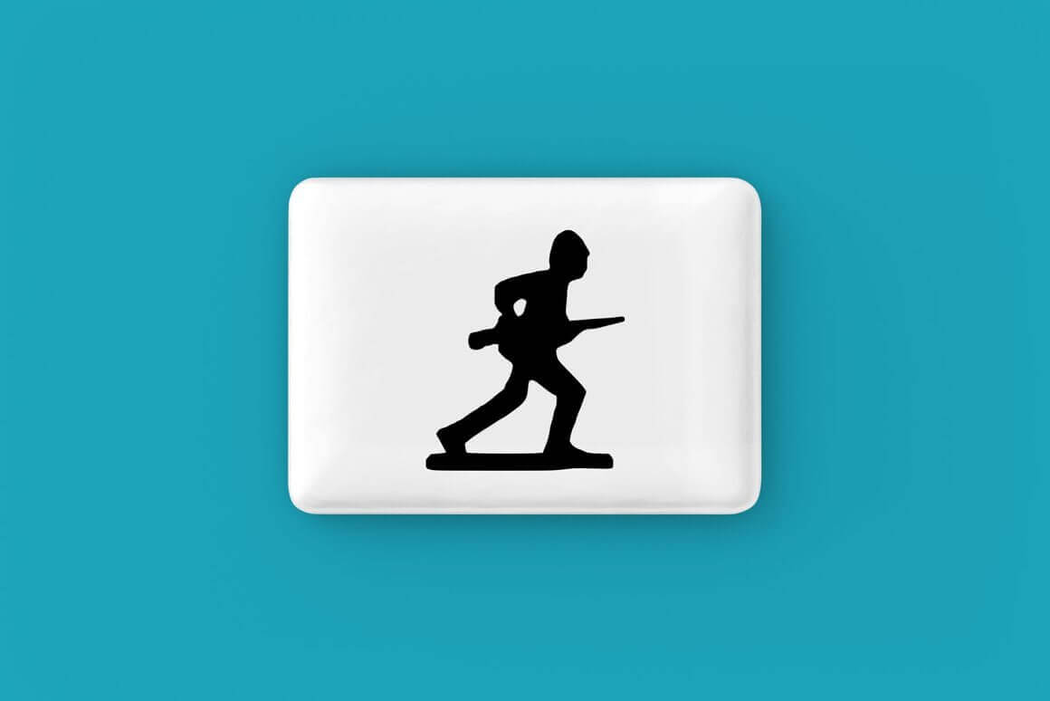 The silhouette of a soldier running into battle with a gun is on the white button.