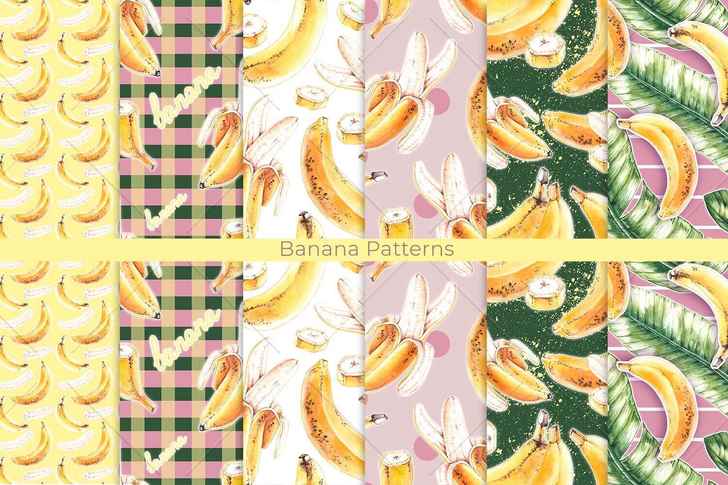 12 watercolor patterns featuring yellow bananas on pink, green and black backgrounds.
