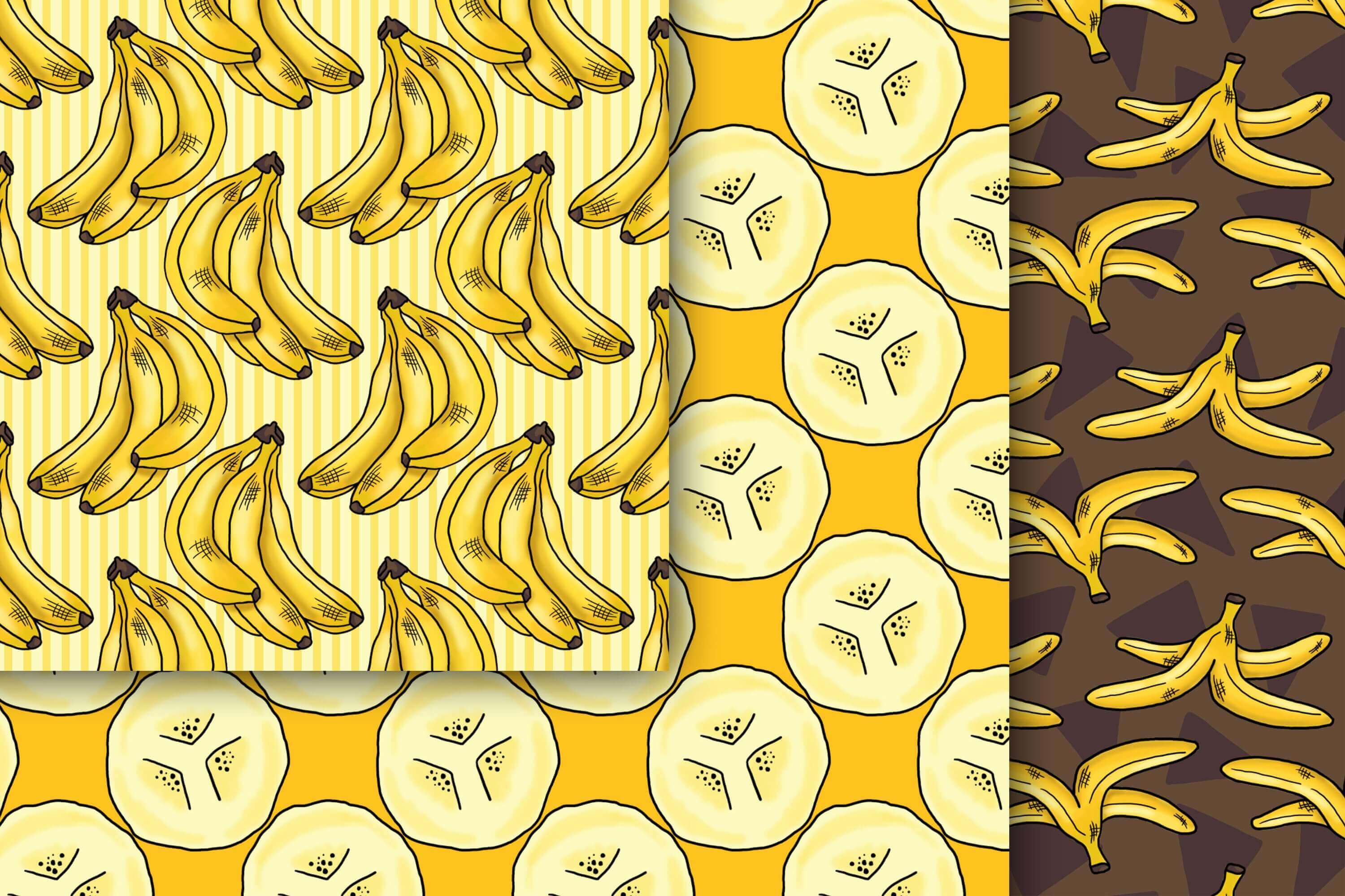 Images of bunches of bananas, banana cores and banana peels on different backgrounds.