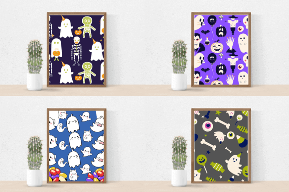Four paintings with the image of ghosts, and next to the paintings there are cacti.