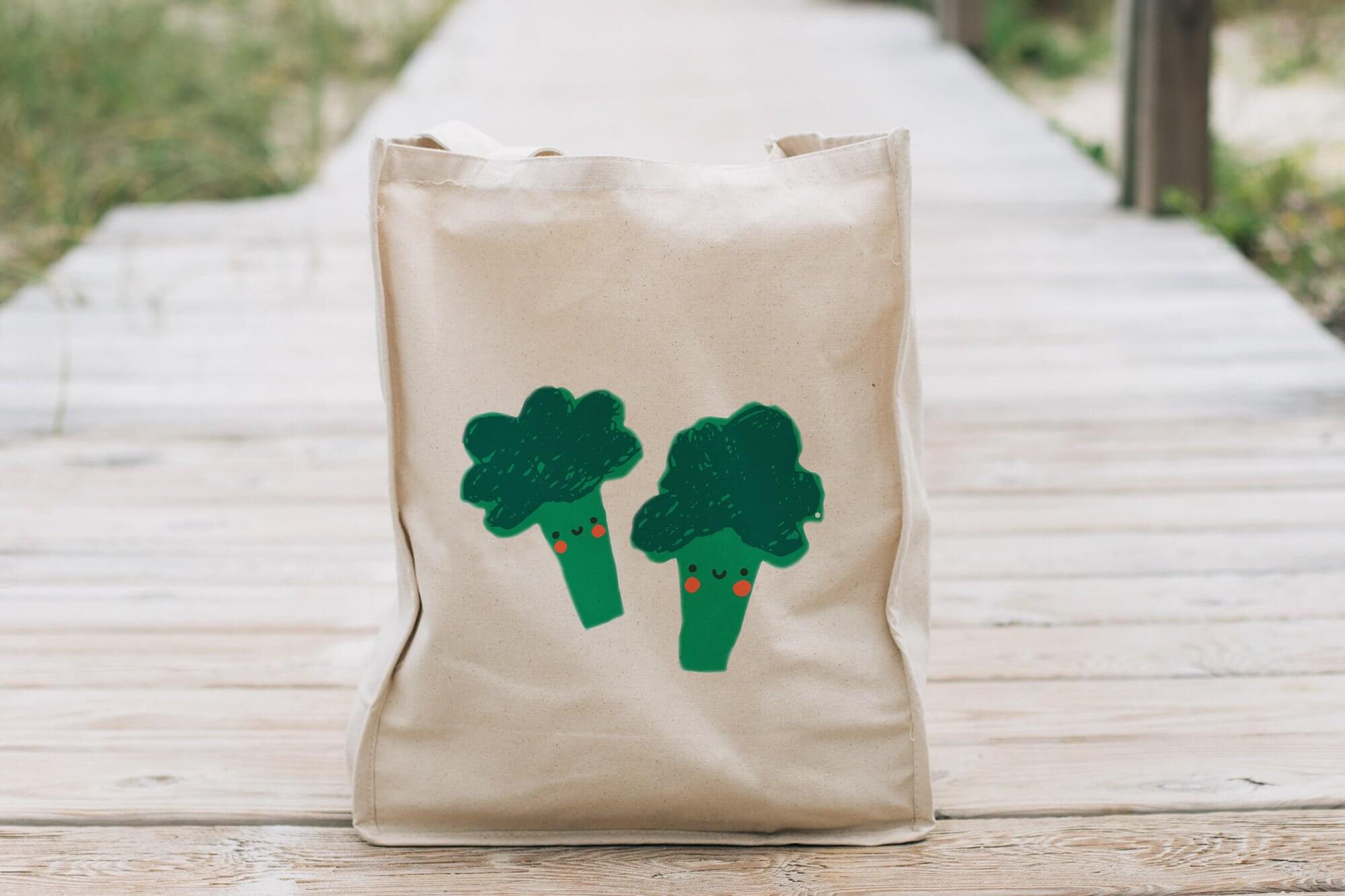 Two green broccoli are drawn on the paper bag.