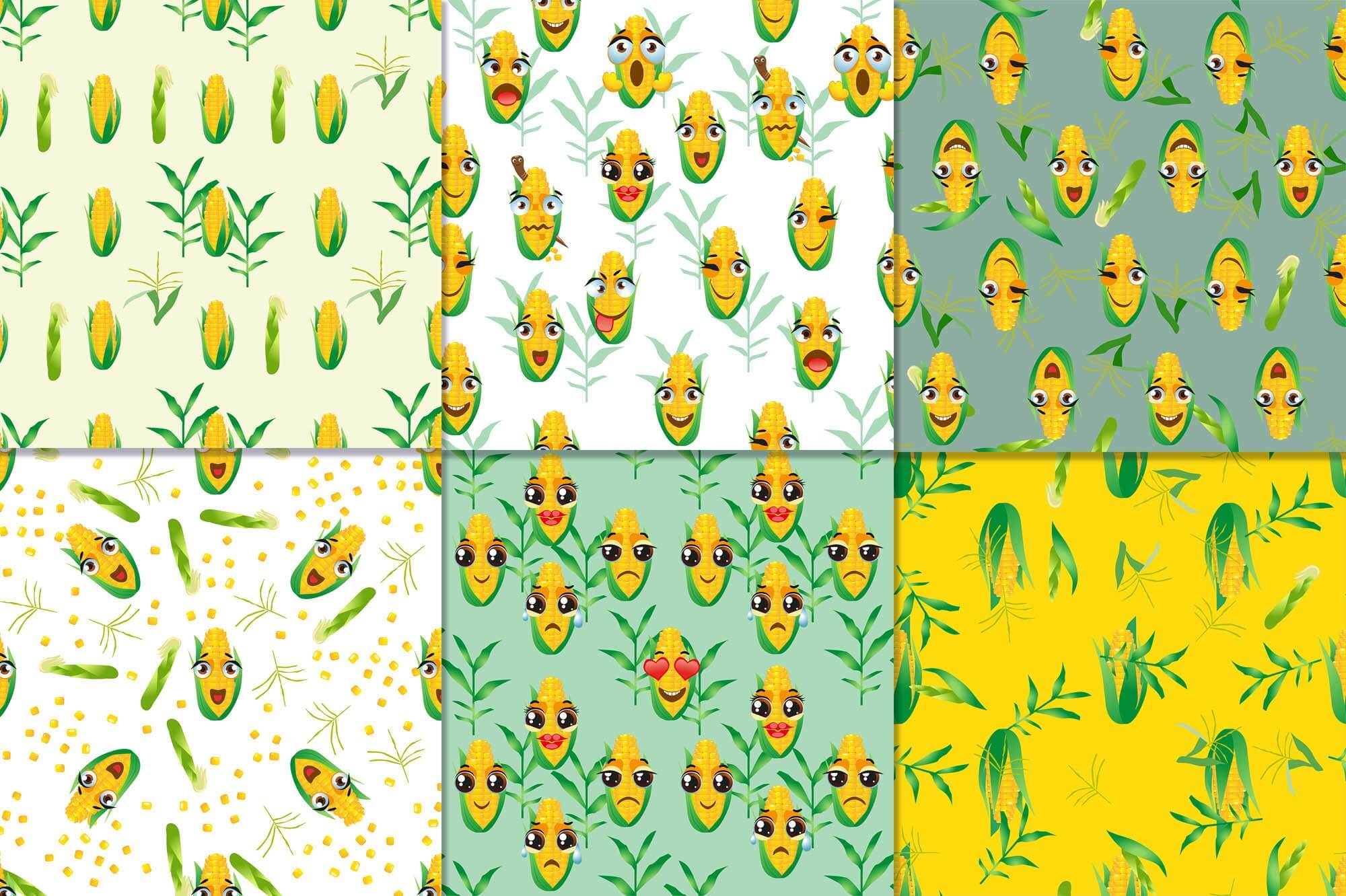 Cartoon corn on backgrounds of different colors.