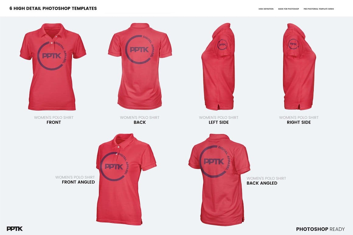 Front, back, left and right sides of womens polo shirt.