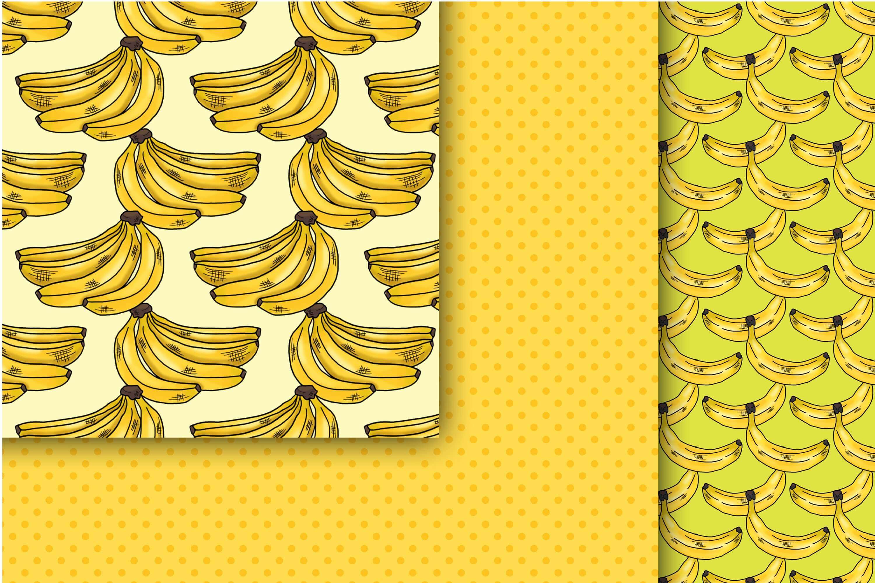 Patterns with the image of bananas on white and yellow backgrounds.
