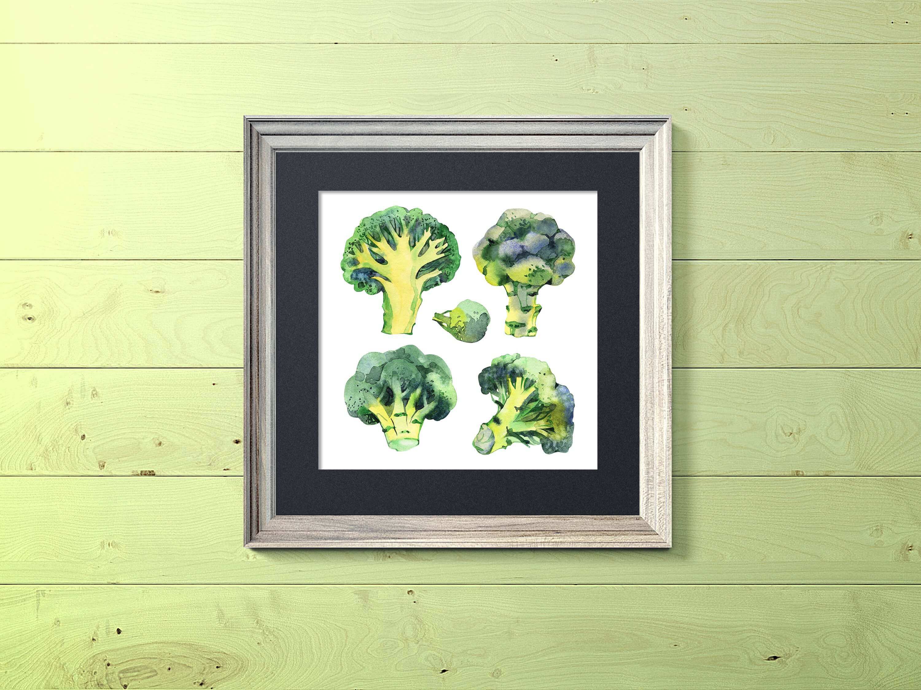 A watercolor painting of broccoli hangs on the light green wall.
