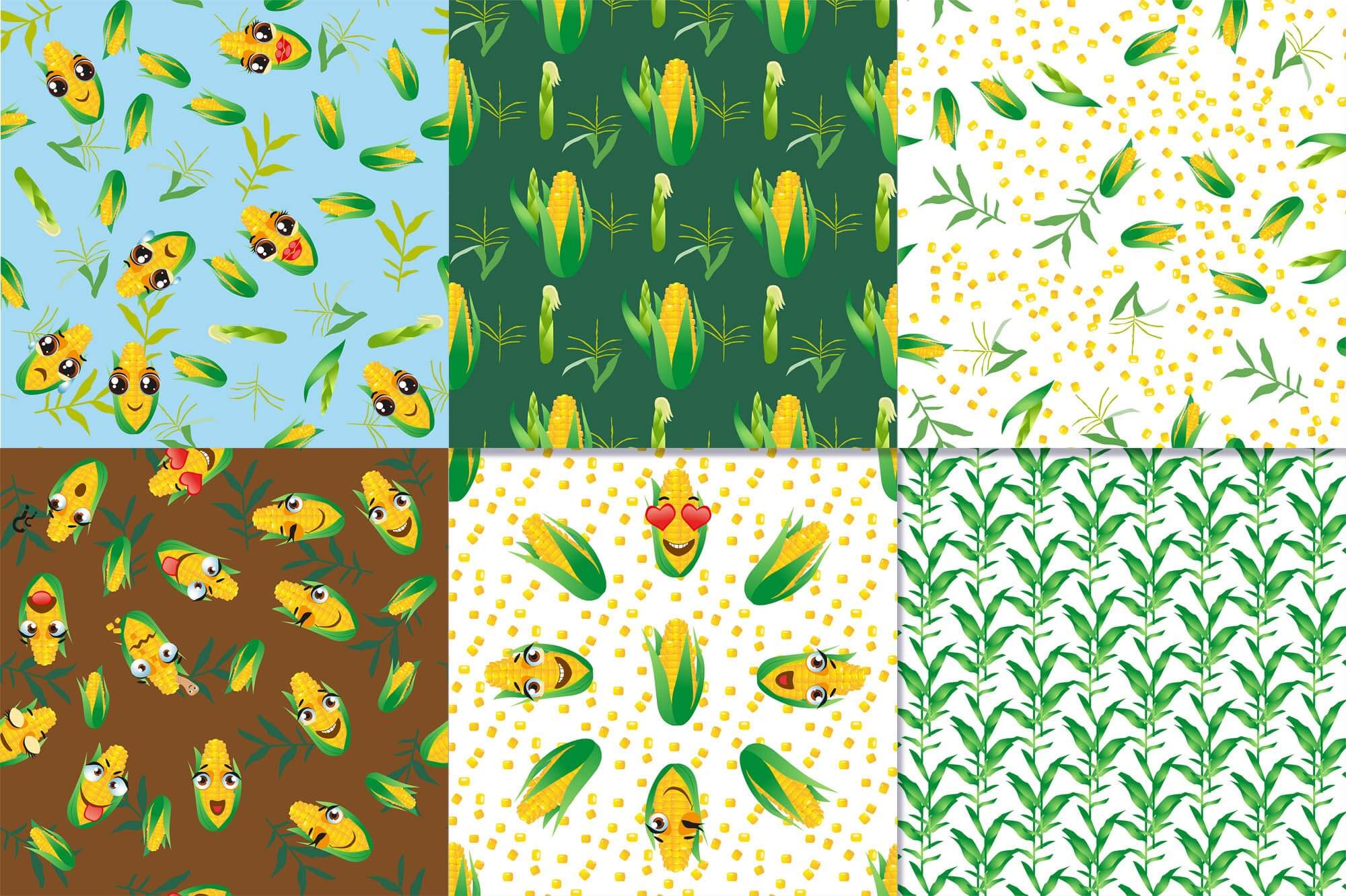 Cartoon corn on white and colored backgrounds.