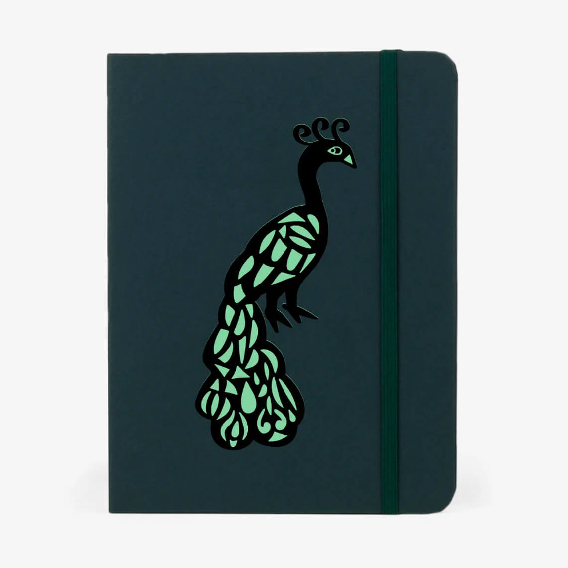 Black notebook with a green peacock on it.