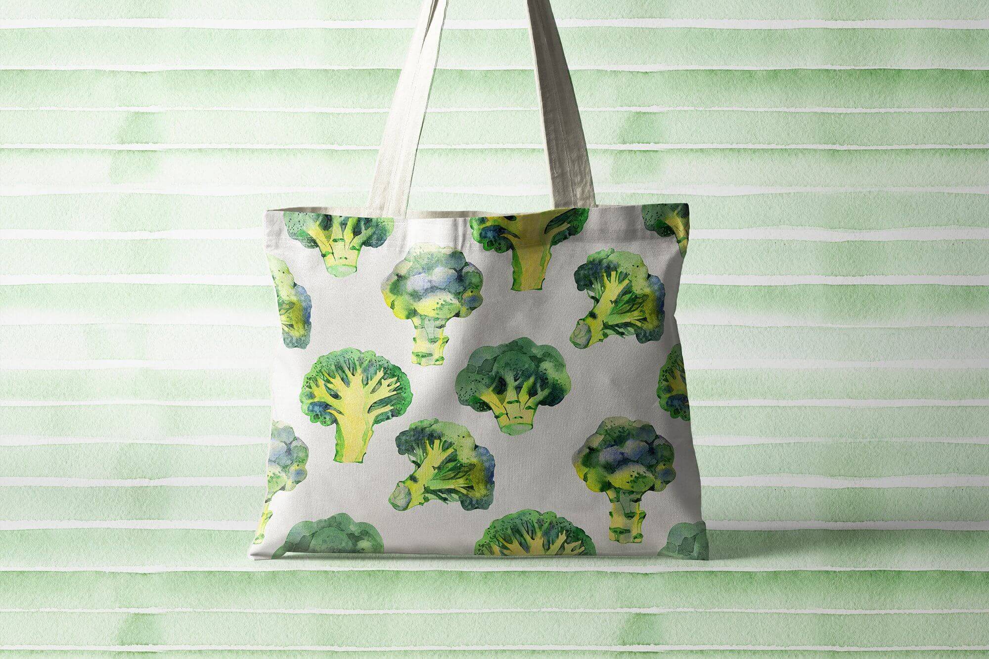 A bright grocery bag with a picture of broccoli.