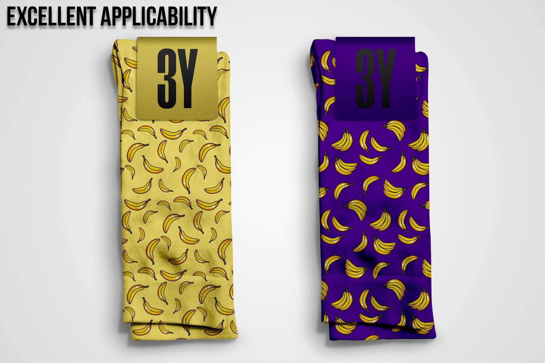 Socks with the image of bananas on yellow and purple backgrounds.