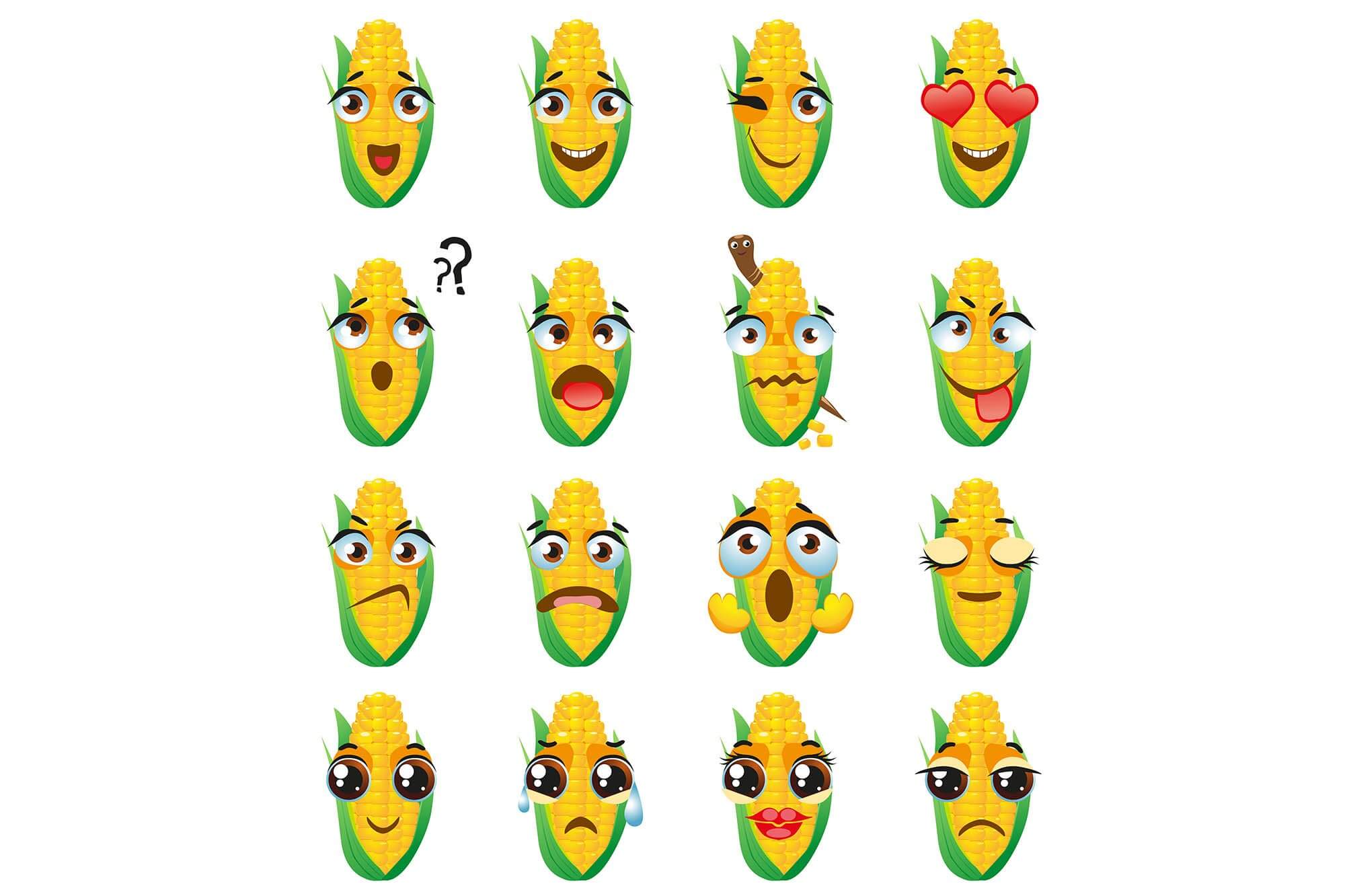 Cartoon corn shows all emotions.