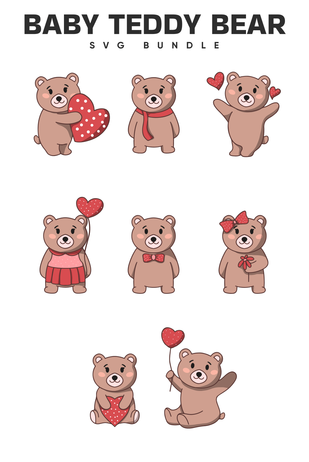 Bunch of teddy bears with hearts on them.