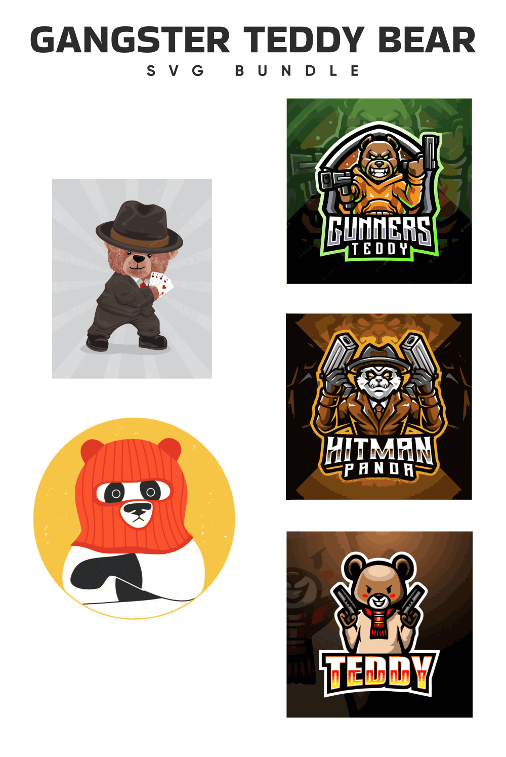The gangster teddy bear logo is shown in four different colors.