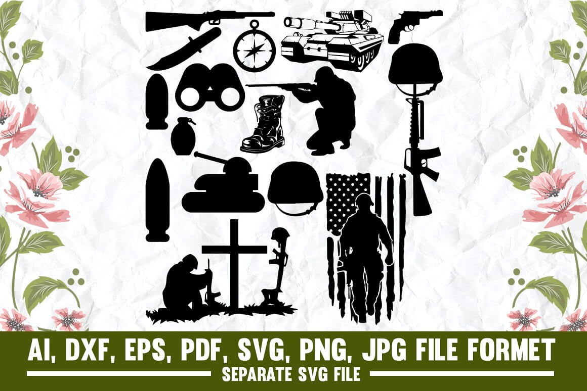 Military boots, grenades, rifles and everything needed for the military army.