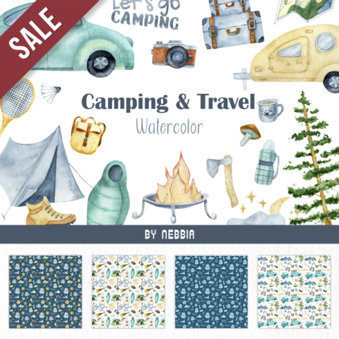 Prints of watercolor camping travel.